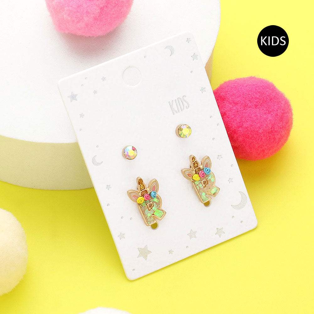 2Pairs - R Round Stone Unicorn Initial Monogram Stud Kids Earrings - Madeline Love - Flyclothing LLC