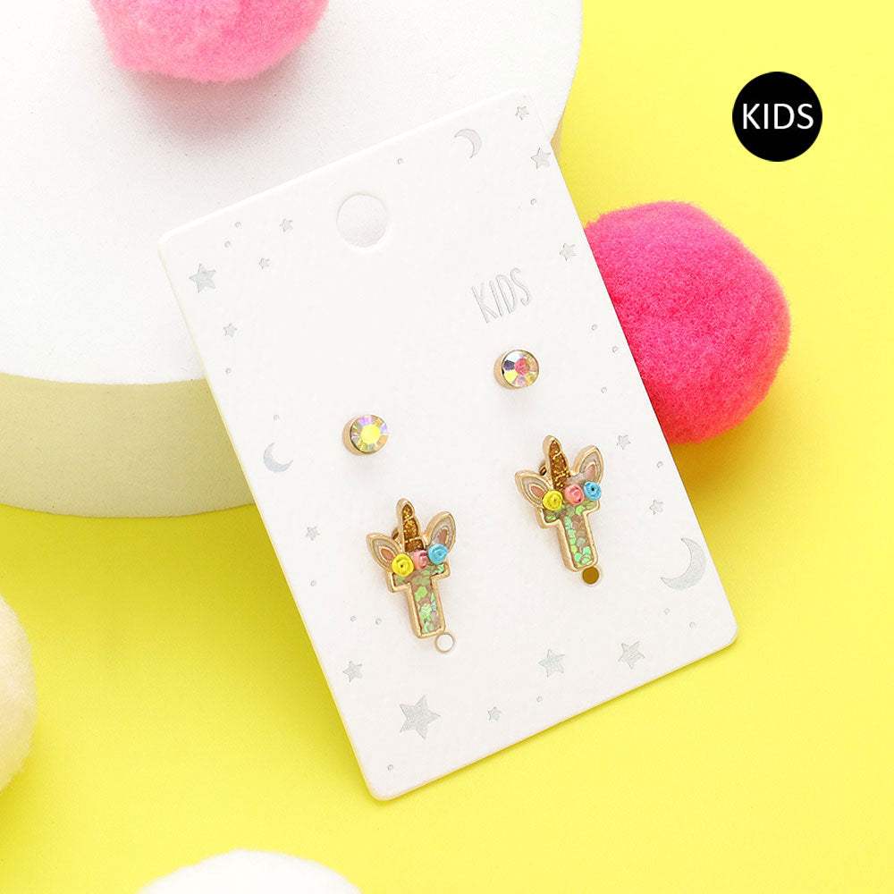 2Pairs - T Round Stone Unicorn Initial Monogram Stud Kids Earrings - Madeline Love - Flyclothing LLC