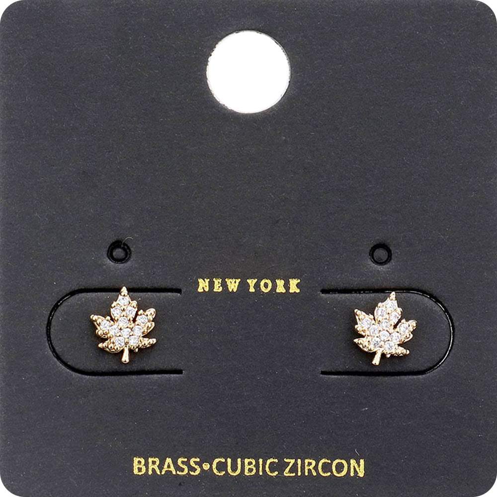 CZ Stone Embellished Brass Metal Maple Leaf Stud Earrings - Madeline Love - Flyclothing LLC