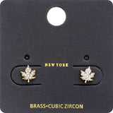 CZ Stone Embellished Brass Metal Maple Leaf Stud Earrings - Madeline Love - Flyclothing LLC