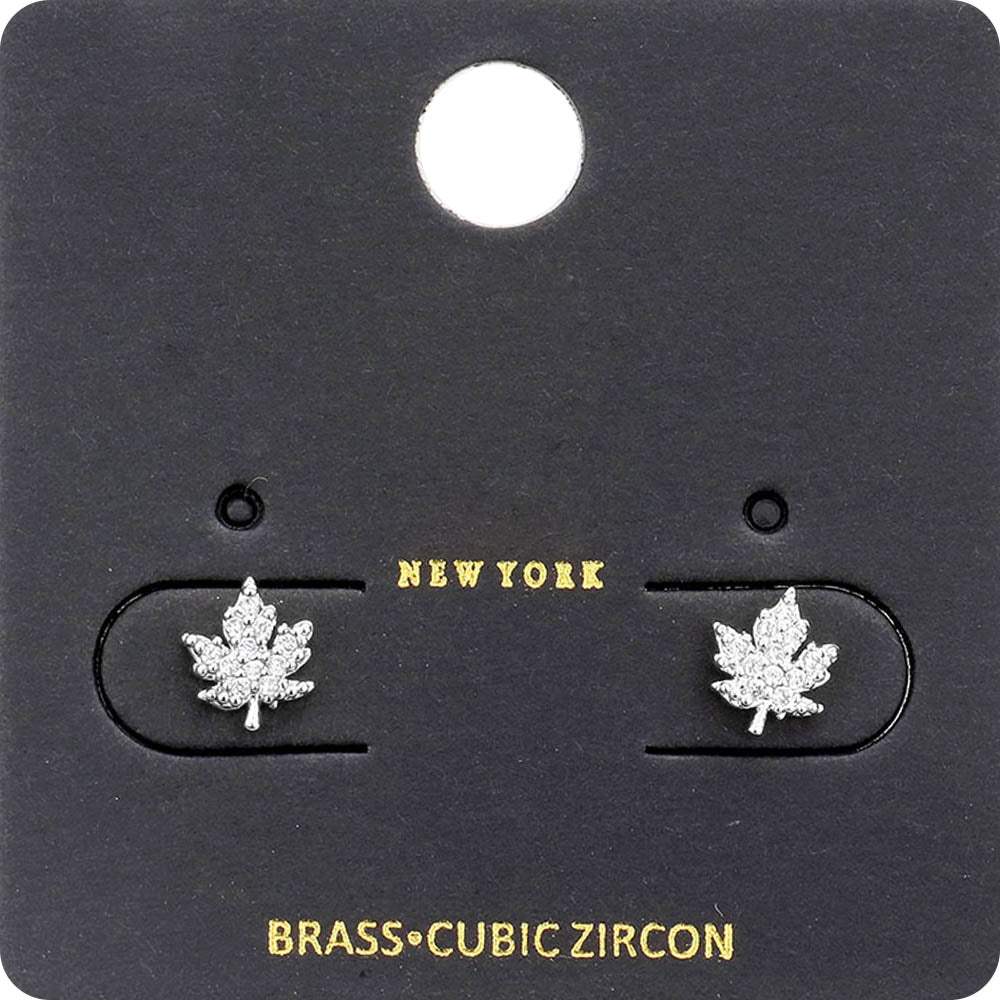 CZ Stone Embellished Brass Metal Maple Leaf Stud Earrings - Madeline Love - Flyclothing LLC