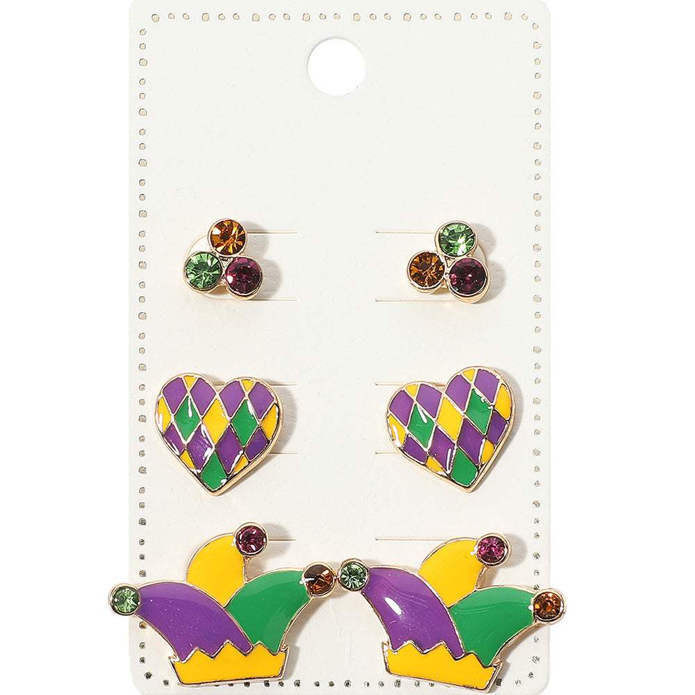 3Pairs - Enamel Mardi Gras Heart Hat Stud Earring Set - Madeline Love - Flyclothing LLC