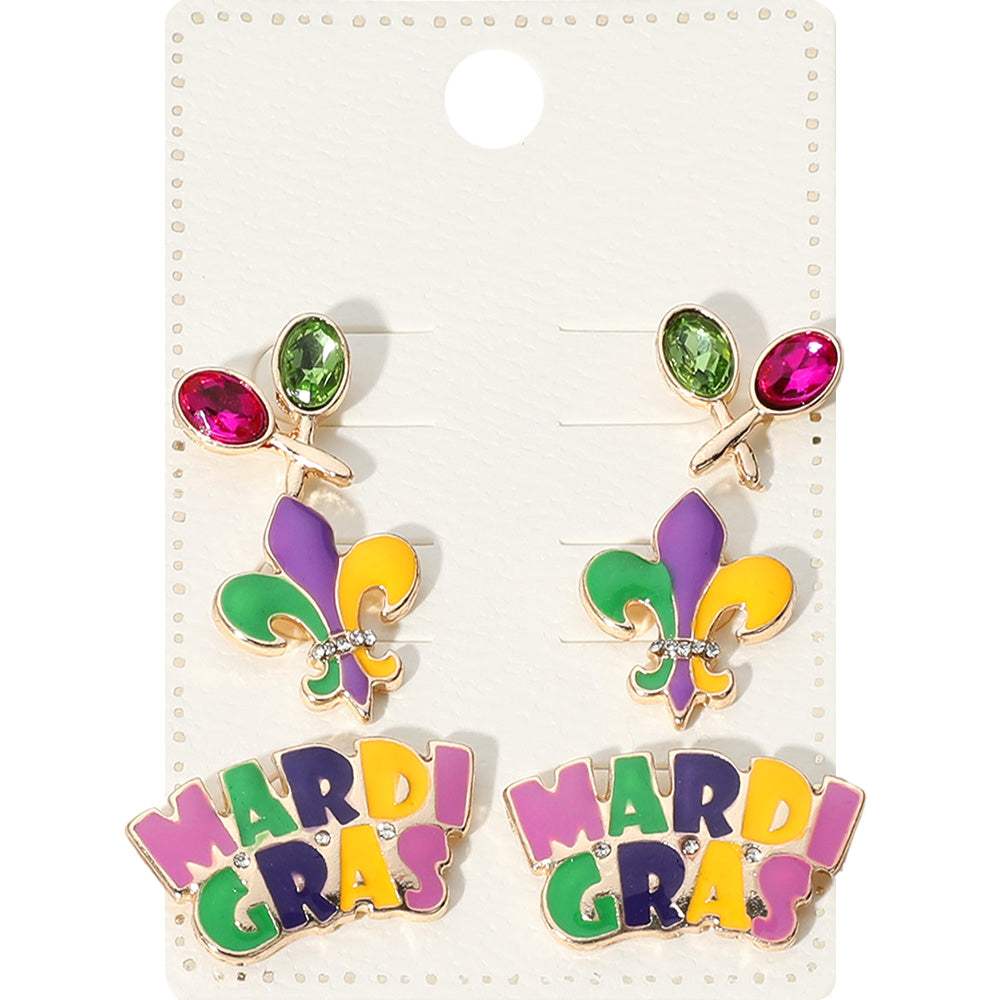 3Pairs - Enamel MARDI GRAS Message Fleur de Lis Stud Earrings Set - Madeline Love - Flyclothing LLC
