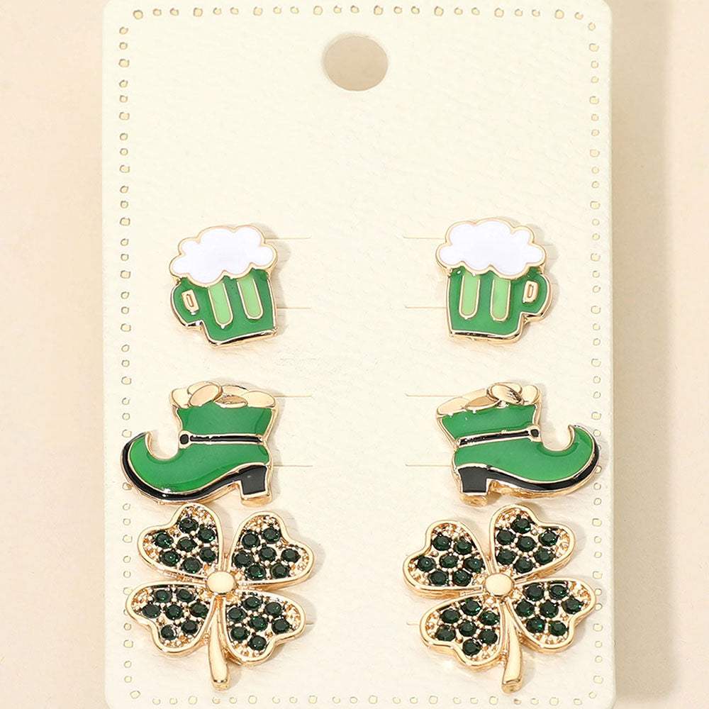 3Pairs - St Patricks Clover Boot Beer Mug Stud Earring Set - Madeline Love - Flyclothing LLC