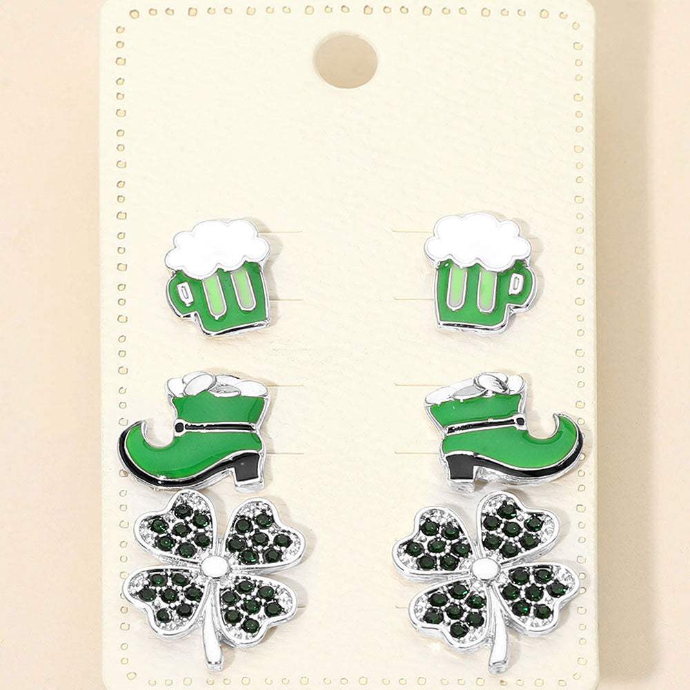 3Pairs - St Patricks Clover Boot Beer Mug Stud Earring Set - Madeline Love - Flyclothing LLC