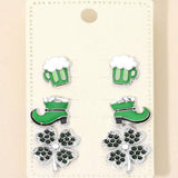 3Pairs - St Patricks Clover Boot Beer Mug Stud Earring Set - Madeline Love - Flyclothing LLC