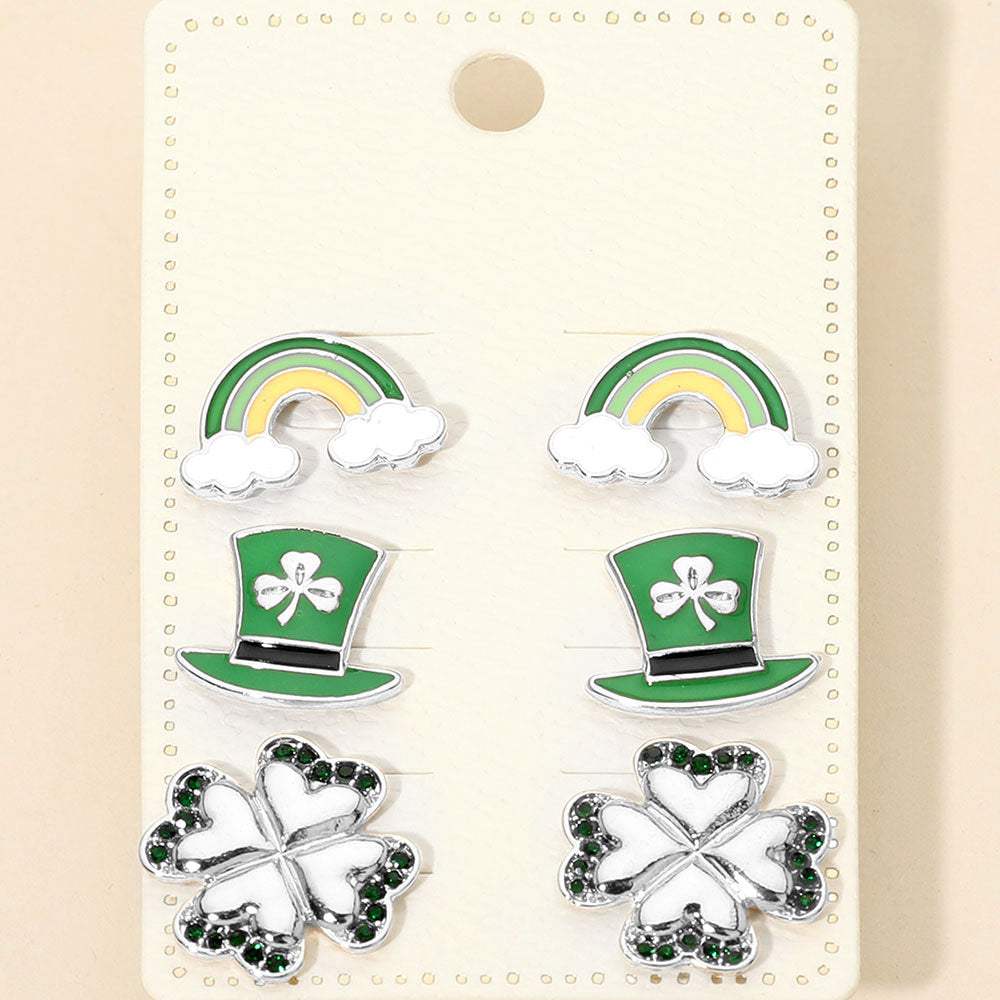 3Pairs - St Patricks Clover Hat Rainbow Stud Earring Set - Madeline Love - Flyclothing LLC