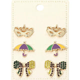 3Pairs - Mardi Gras Mask Umbrella Bow Stud Earring Set - Madeline Love - Flyclothing LLC
