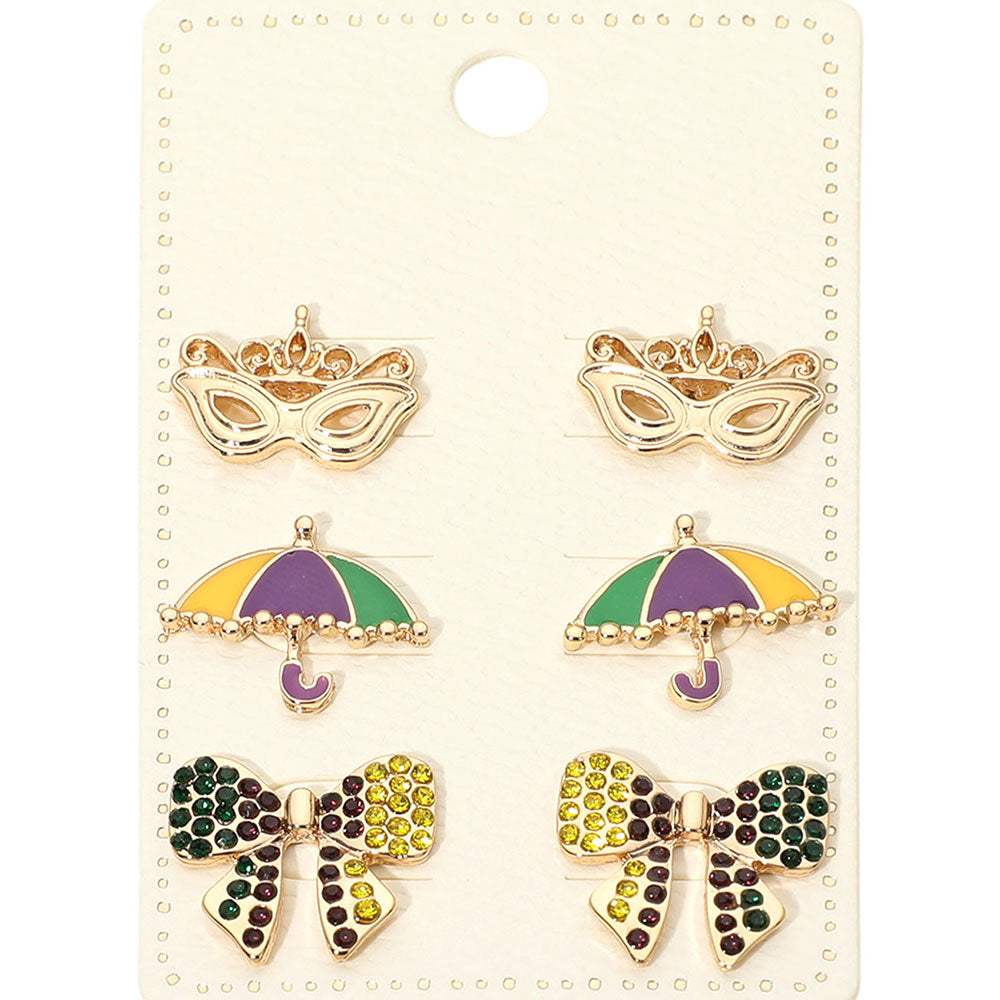 3Pairs - Mardi Gras Mask Umbrella Bow Stud Earring Set - Madeline Love - Flyclothing LLC