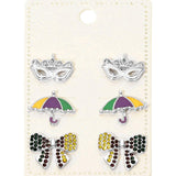 3Pairs - Mardi Gras Mask Umbrella Bow Stud Earring Set - Madeline Love - Flyclothing LLC