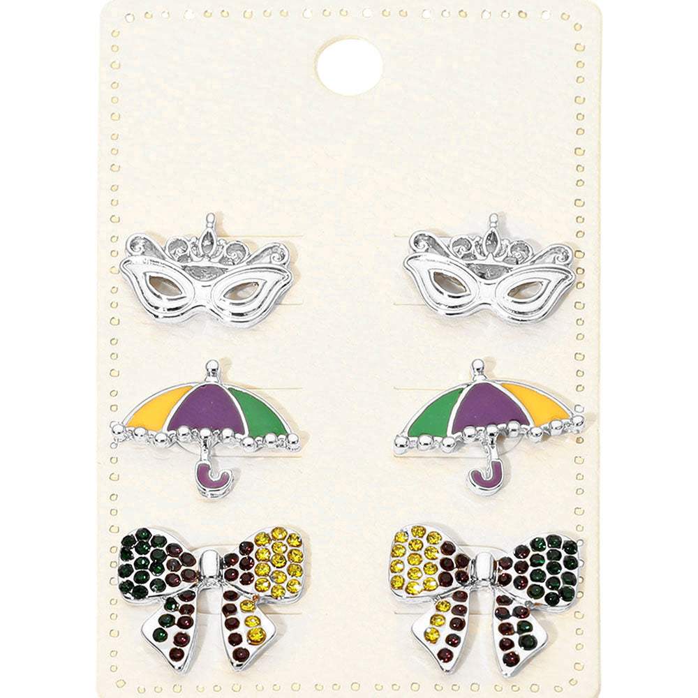 3Pairs - Mardi Gras Mask Umbrella Bow Stud Earring Set - Madeline Love - Flyclothing LLC
