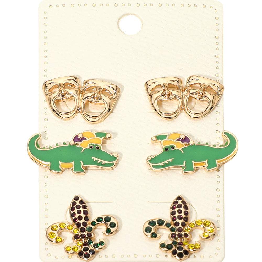 3Pairs - Mardi Gras Mask Crocodile Fleur de Lis Stud Earring Set - Madeline Love - Flyclothing LLC