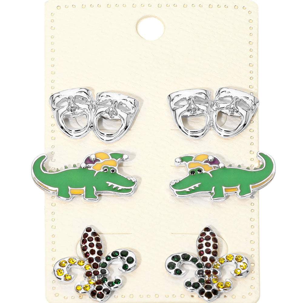 3Pairs - Mardi Gras Mask Crocodile Fleur de Lis Stud Earring Set - Madeline Love - Flyclothing LLC