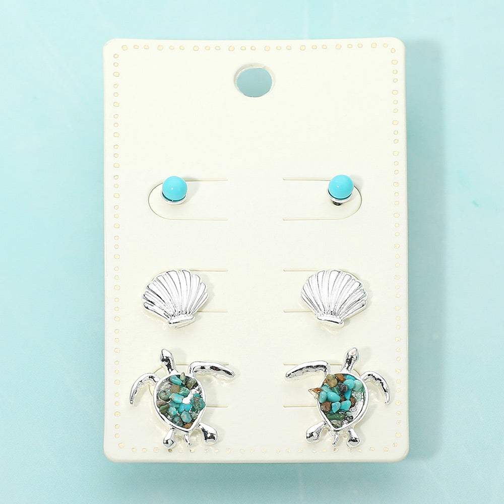 3Pairs - Sea Shell Sea Turtle Stud Earring Set - Madeline Love - Flyclothing LLC