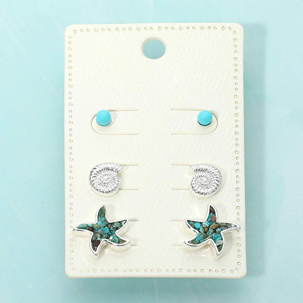 3Pairs - Shell Starfish Stud Earring Set - Madeline Love - Flyclothing LLC