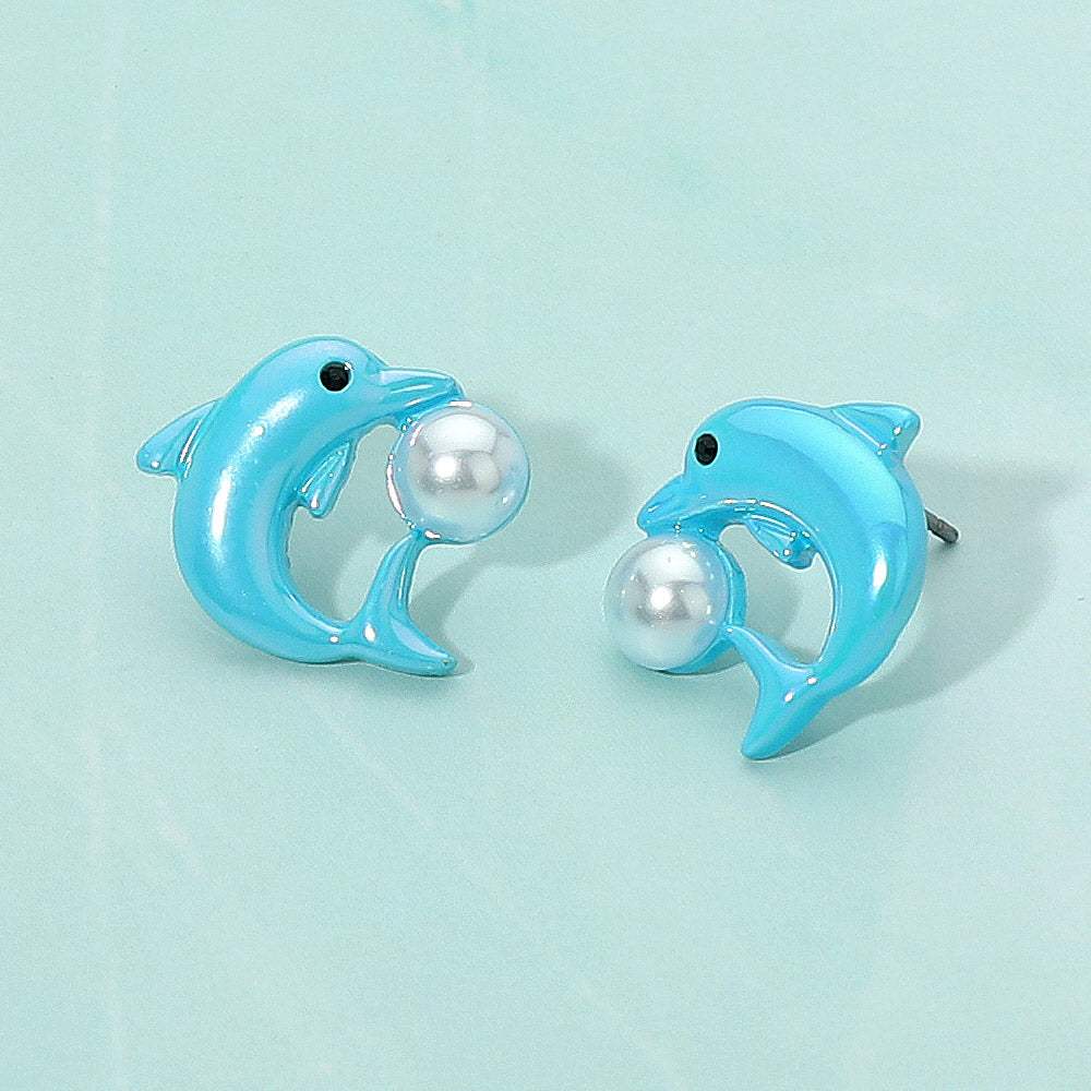 Faux Pearl Accent Playful Dolphin Stud Earrings - Madeline Love - Flyclothing LLC
