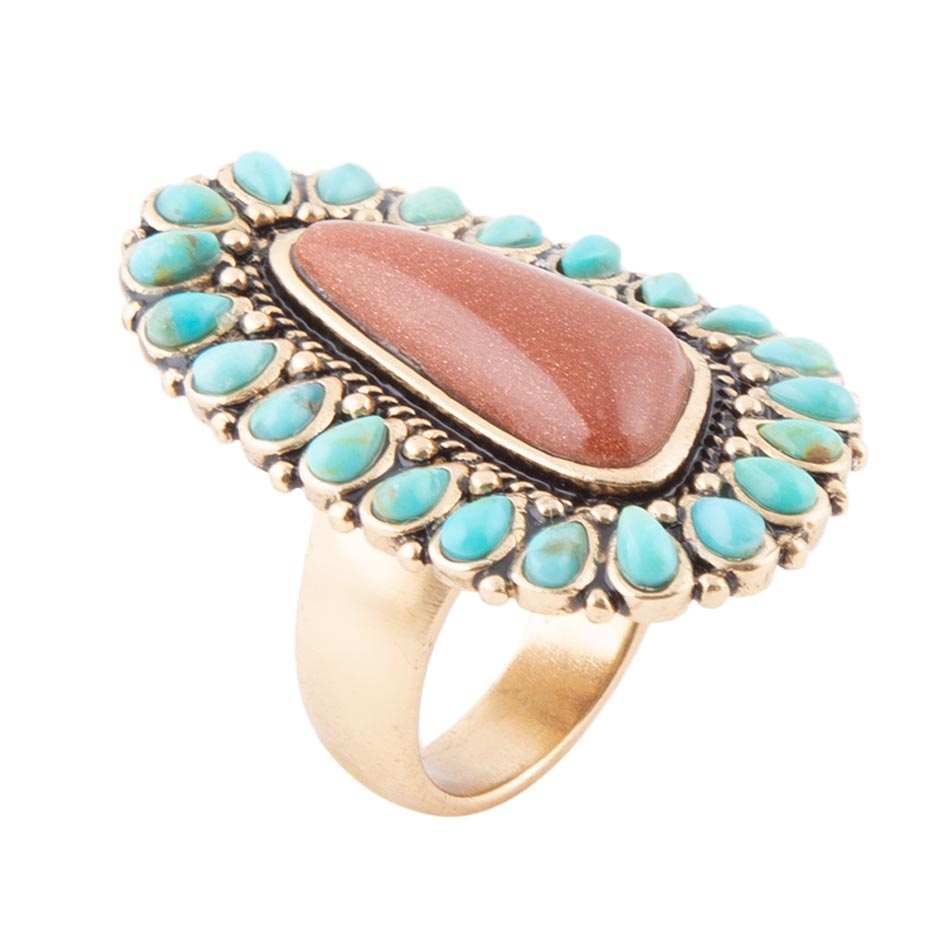 Sedona Blue Turquoise Orange Goldstone Golden Statement Ring - Barse Jewelry - Flyclothing LLC