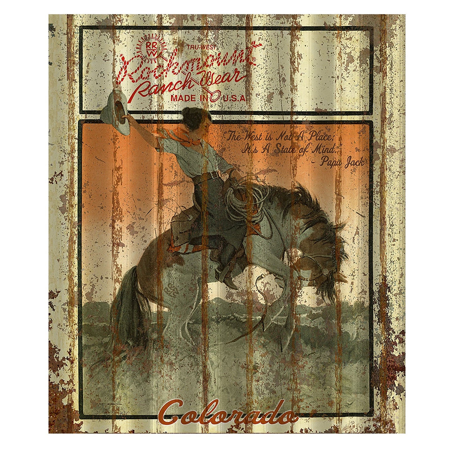 Rockmount Ranch Wear Cowgirl Bronc Corrugated Distressed Metal Western Sign - Rockmount Clothing - Flyclothing LLC