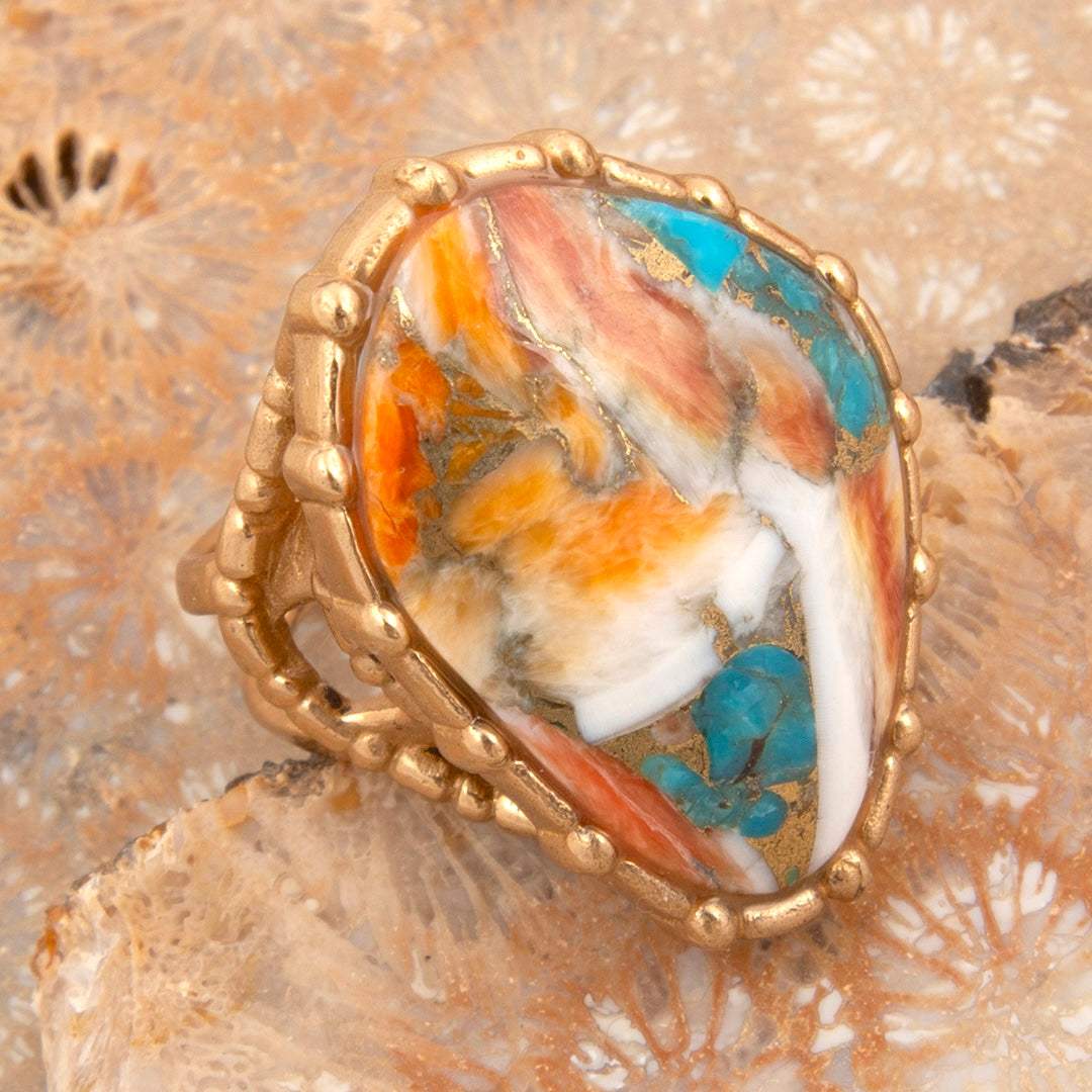 Modern Edge Turquoise and Spiny Oyster Shell Matrix Stone Golden Ring - Barse Jewelry - Flyclothing LLC