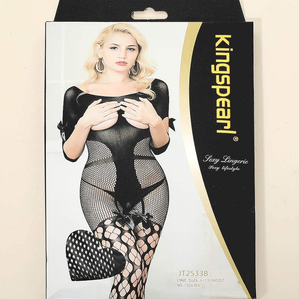 Bow Accent Cutout Mesh Fishnet Garter Bodystocking - Madeline Love - Flyclothing LLC