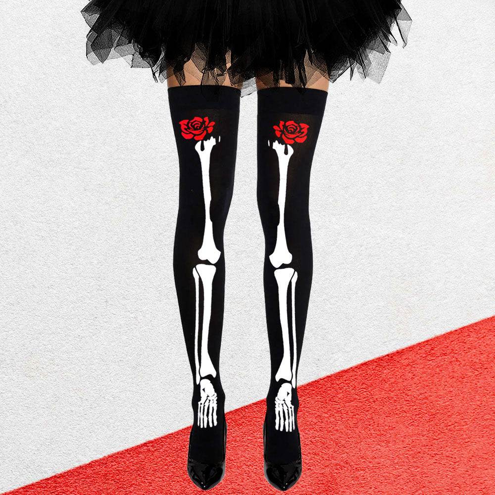Rose Flower Skull Skeleton Halloween Costume Tight High Stockings
