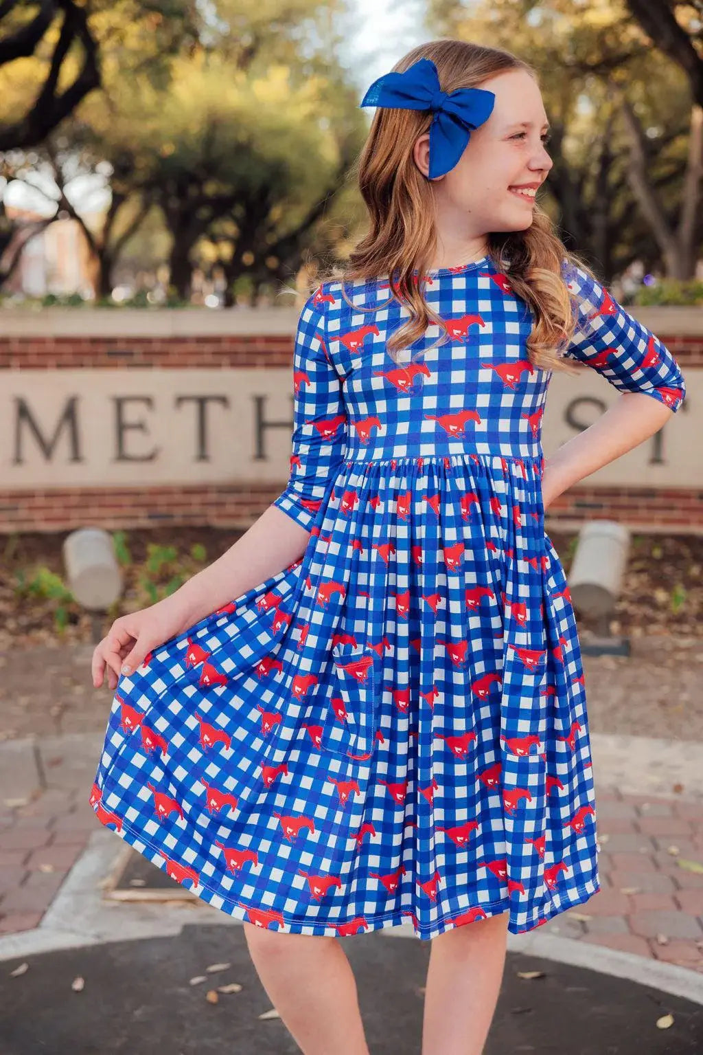 SMU Plaid Mustang 3/4 Sleeve Pocket Twirl Dress - Mila & Rose ® - Flyclothing LLC