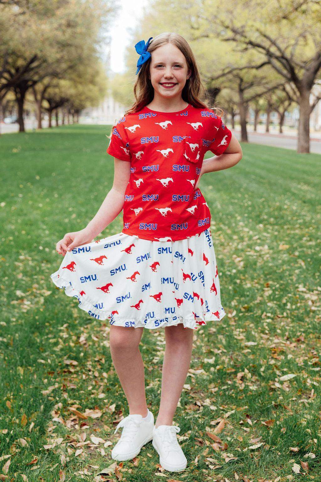 SMU Red Mustang Ruffle Pocket Tee - Mila & Rose ® - Flyclothing LLC