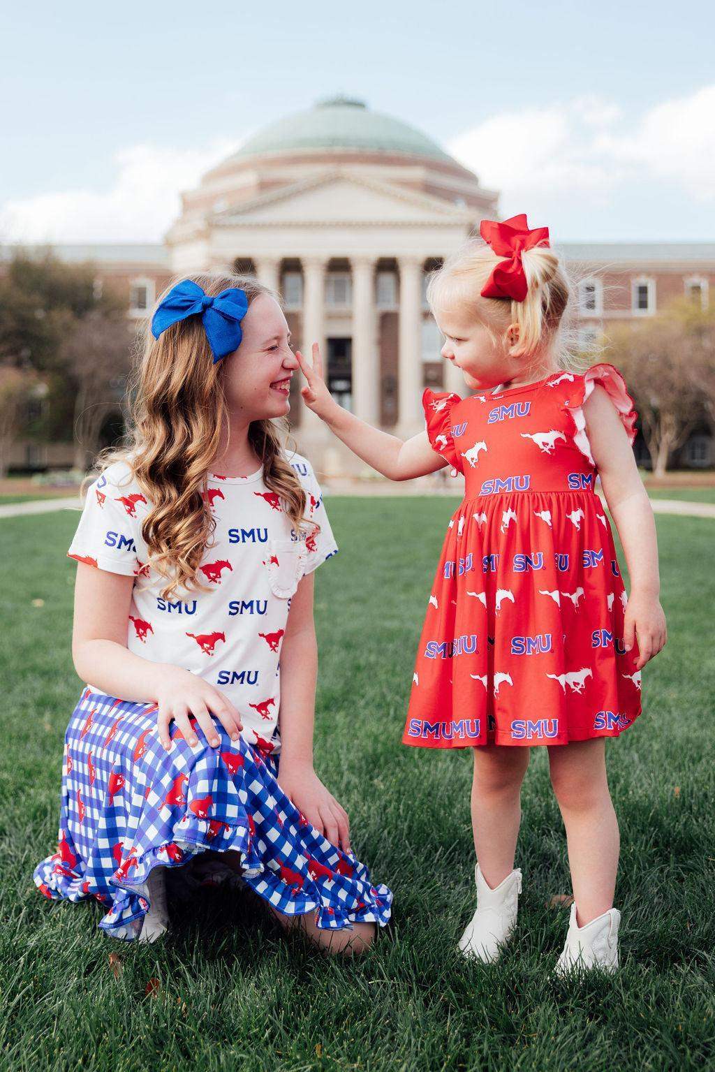 SMU White Mustang Ruffle Pocket Tee - Mila & Rose ® - Flyclothing LLC