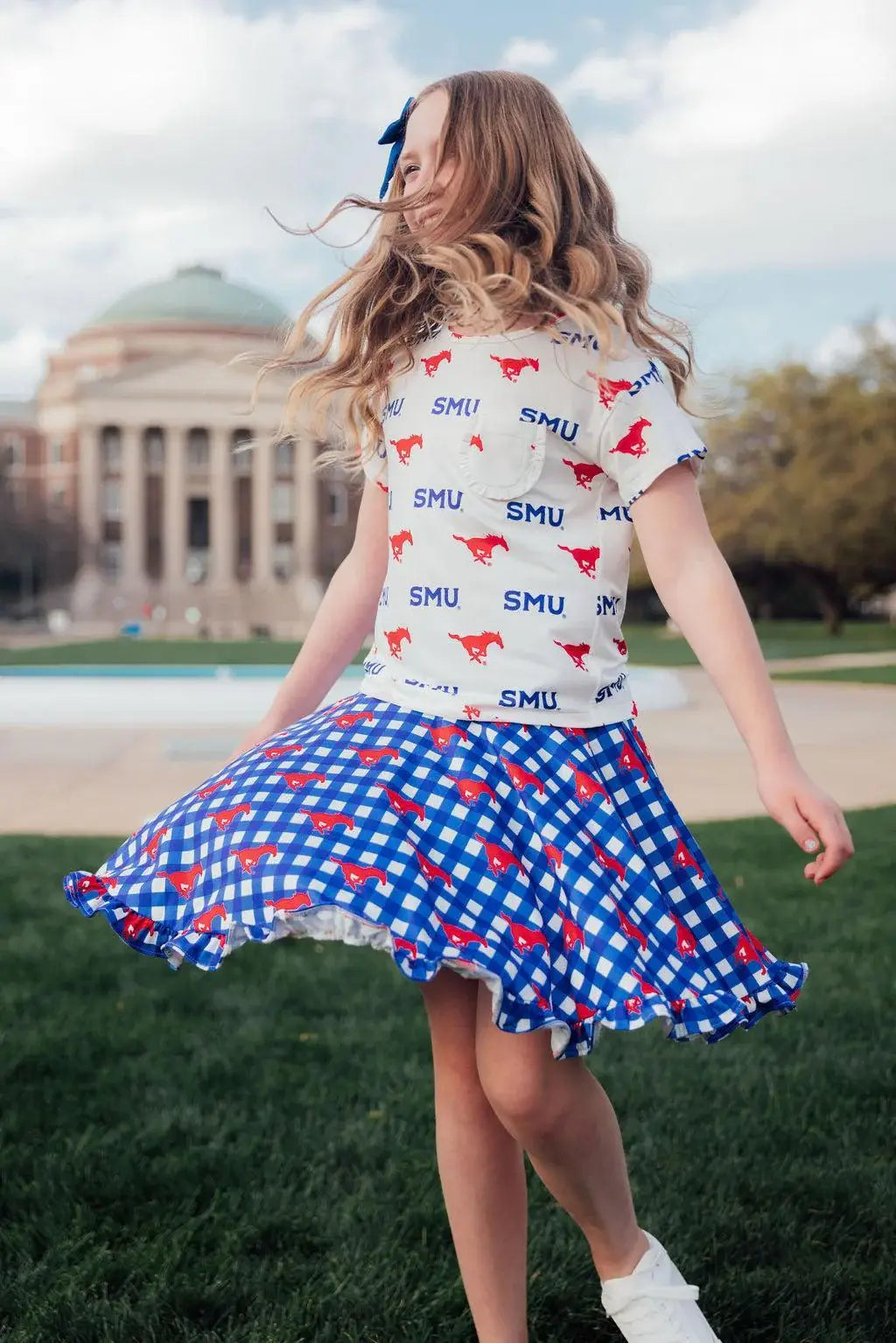 SMU White Mustang Ruffle Pocket Tee - Mila & Rose ® - Flyclothing LLC