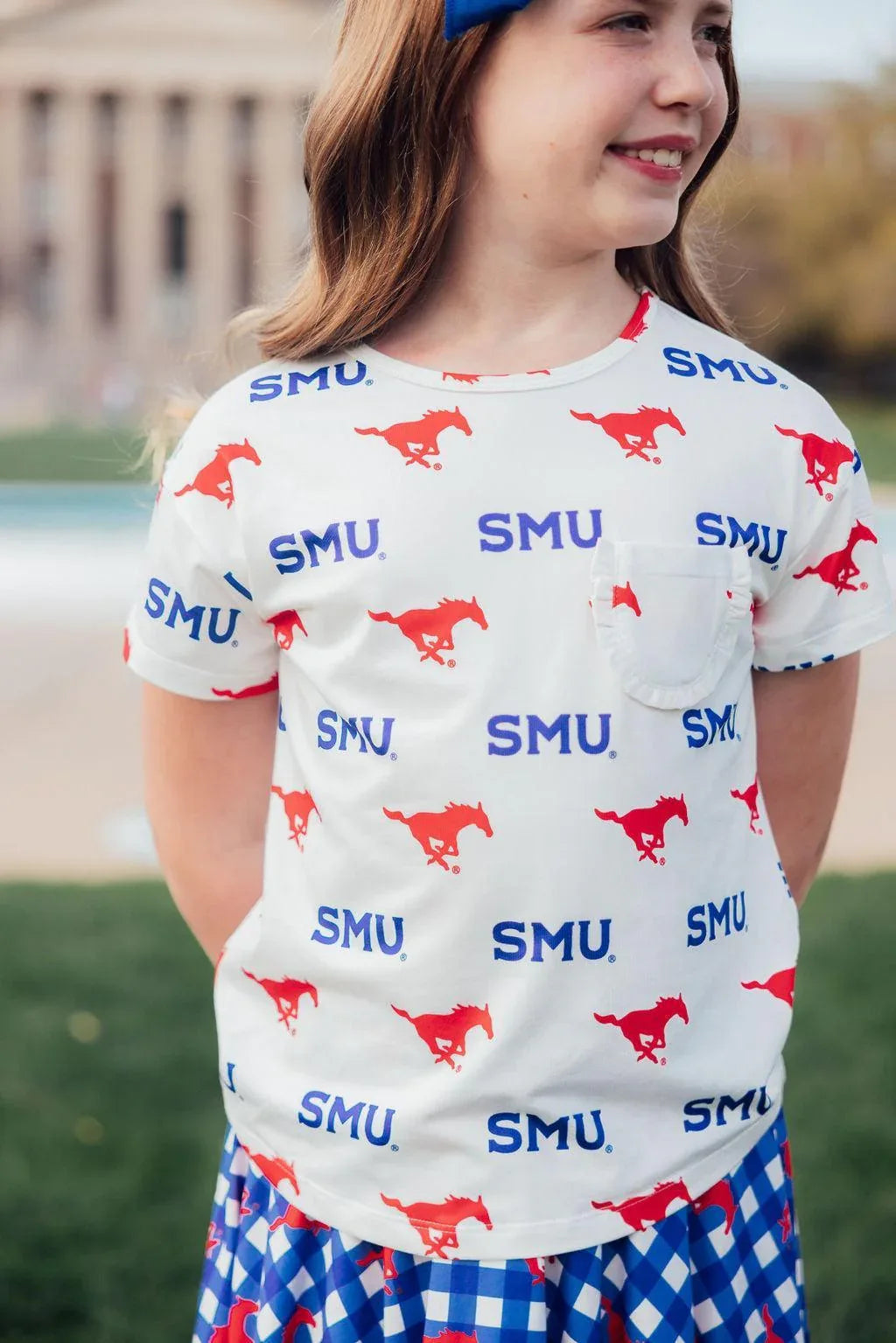 SMU White Mustang Ruffle Pocket Tee - Mila & Rose ® - Flyclothing LLC