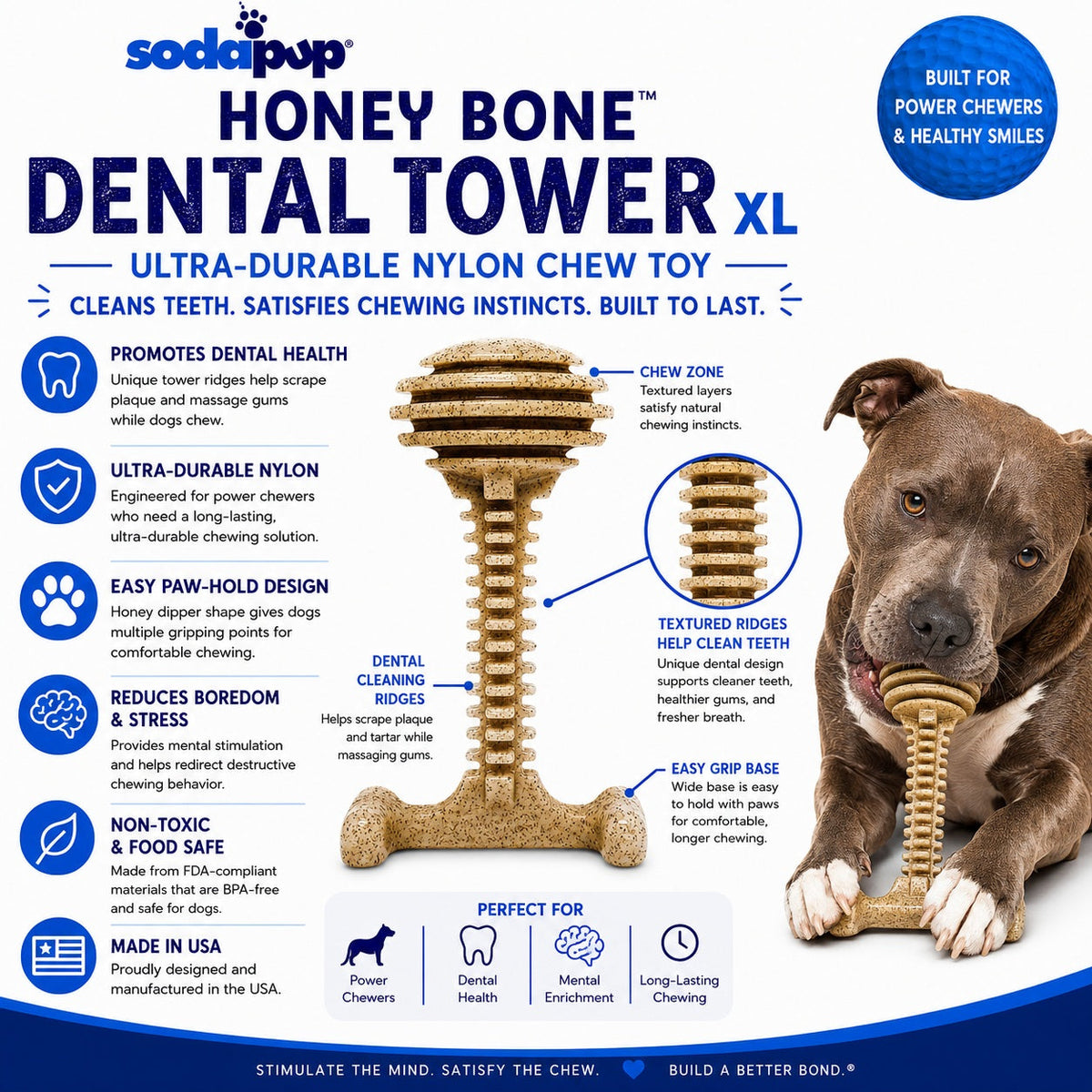 Honey Bone Dental Tower - Durable Nylon Dog Chew Toy XL | USA Made - SodaPup/True Dogs, LLC - Flyclothing LLC