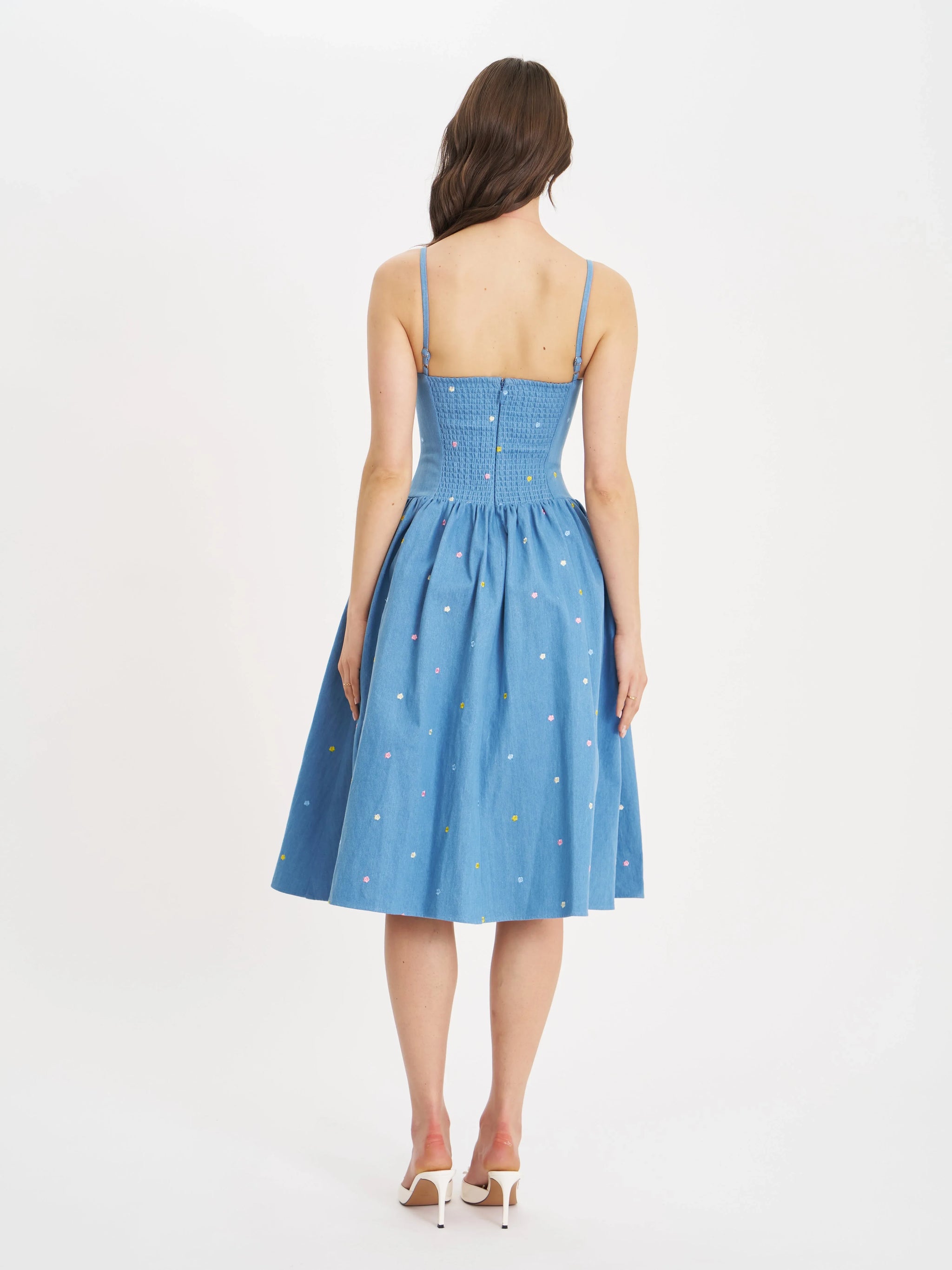 Zadie Cotton Denim Drop Waist Embroidery Flower Midi Dress - Miss Circle - Flyclothing LLC
