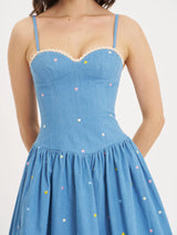 Zadie Cotton Denim Drop Waist Embroidery Flower Midi Dress - Miss Circle - Flyclothing LLC