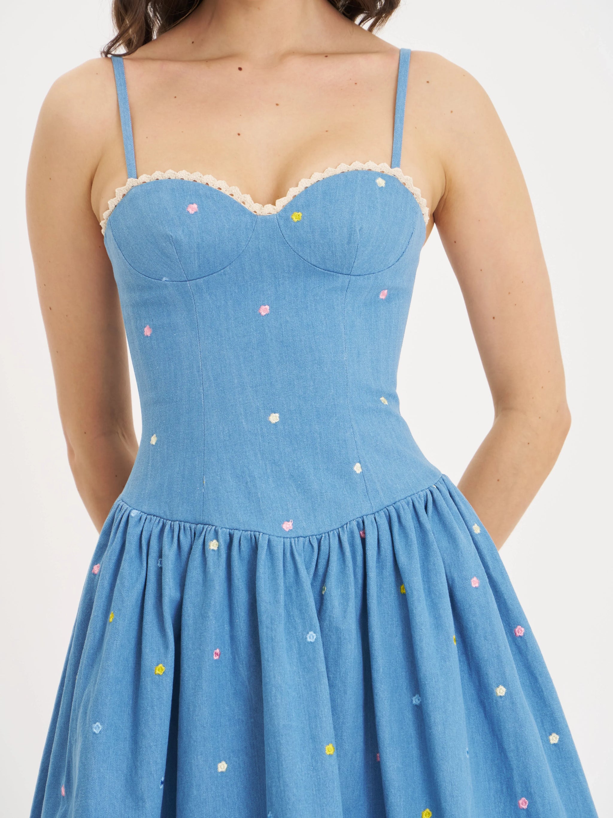 Zadie Cotton Denim Drop Waist Embroidery Flower Midi Dress - Miss Circle - Flyclothing LLC