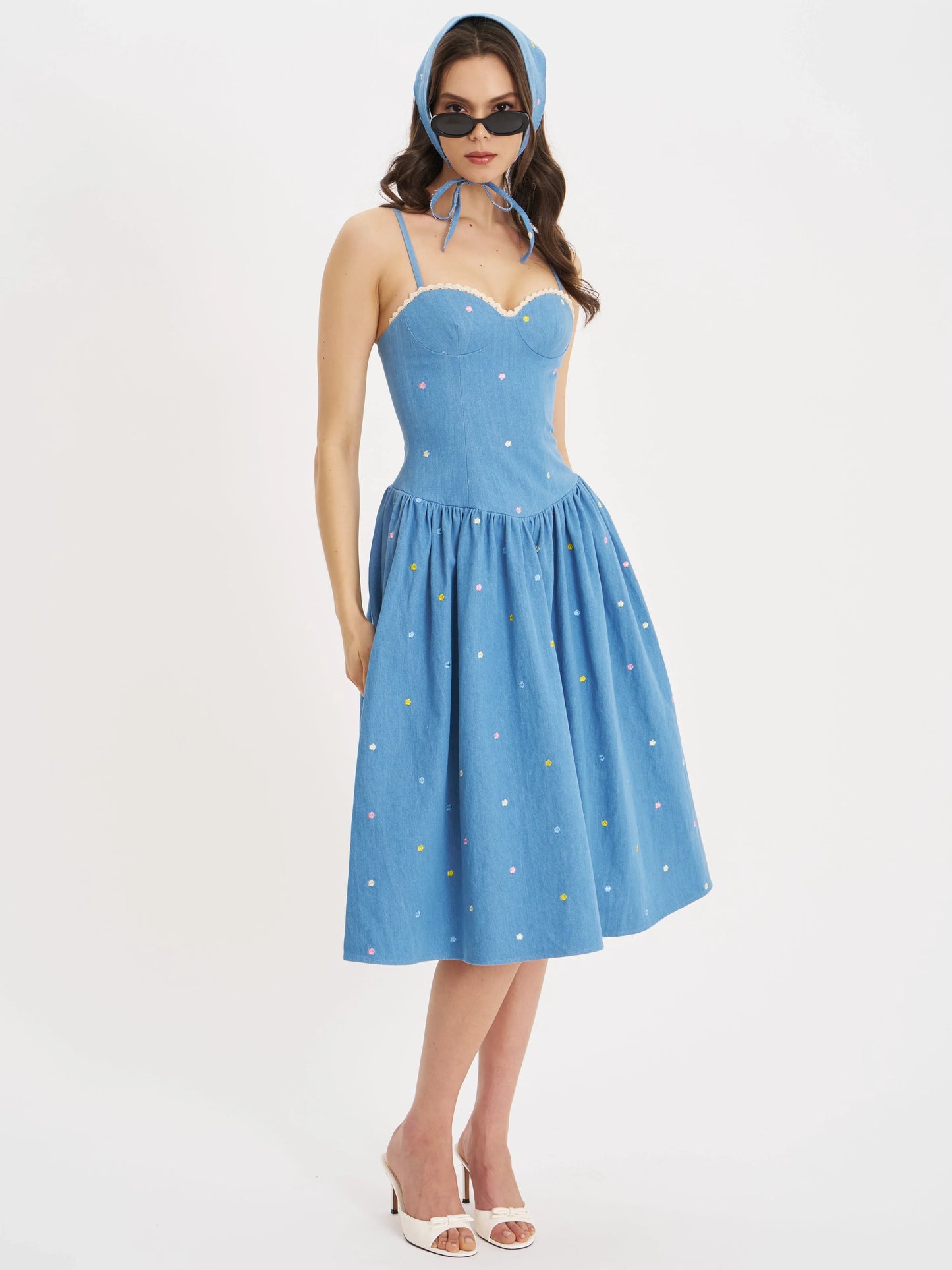 Zadie Cotton Denim Drop Waist Embroidery Flower Midi Dress - Miss Circle - Flyclothing LLC