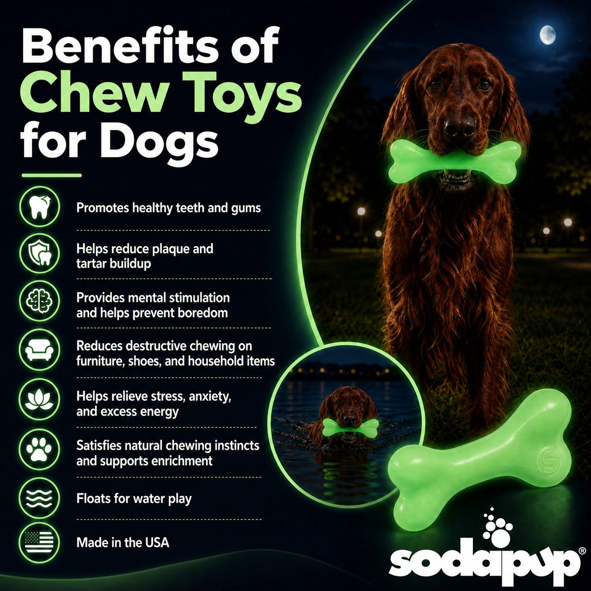 PUP-X Rubber Glow in the Dark Chew Bone Dog Toy - Durable, Floats, Chew Toy for Large Dogs | USA - SodaPup/True Dogs, LLC - Flyclothing LLC