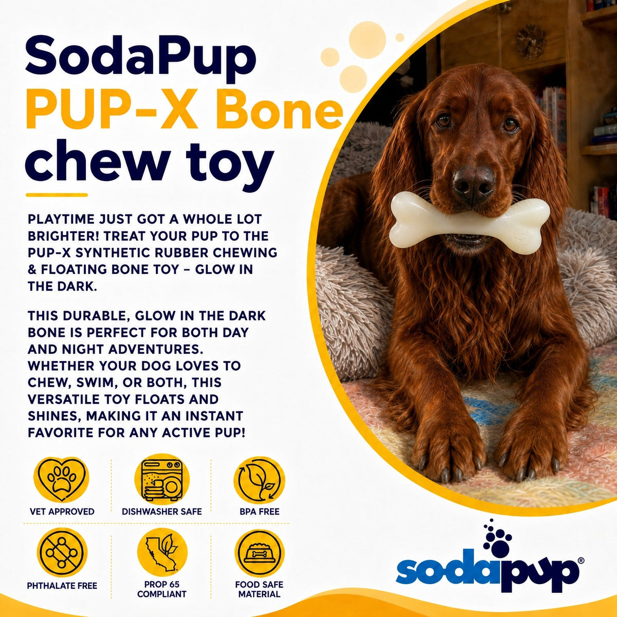 PUP-X Rubber Glow in the Dark Chew Bone Dog Toy - Durable, Floats, Chew Toy for Large Dogs | USA - SodaPup/True Dogs, LLC - Flyclothing LLC