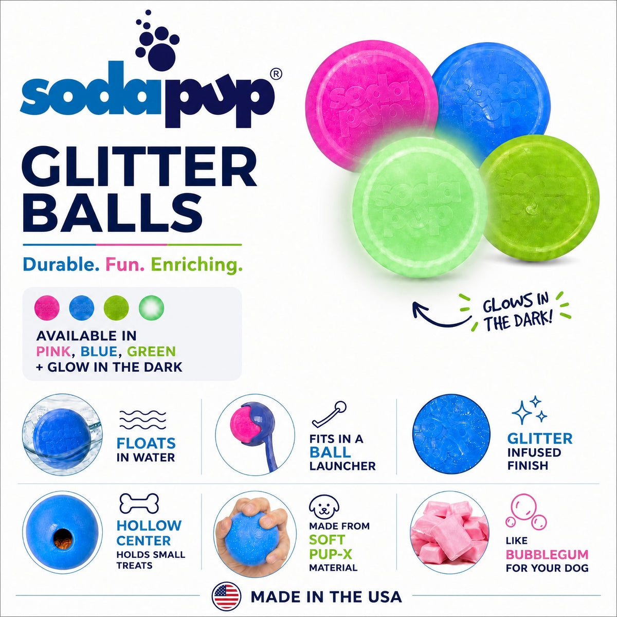 Green Glitter Ball 2-Pack Dog Toy | Soft PUP-X Rubber Floating Fetch Ball with Treat Dispenser | USA Made - SodaPup/True Dogs, LLC - Flyclothing LLC