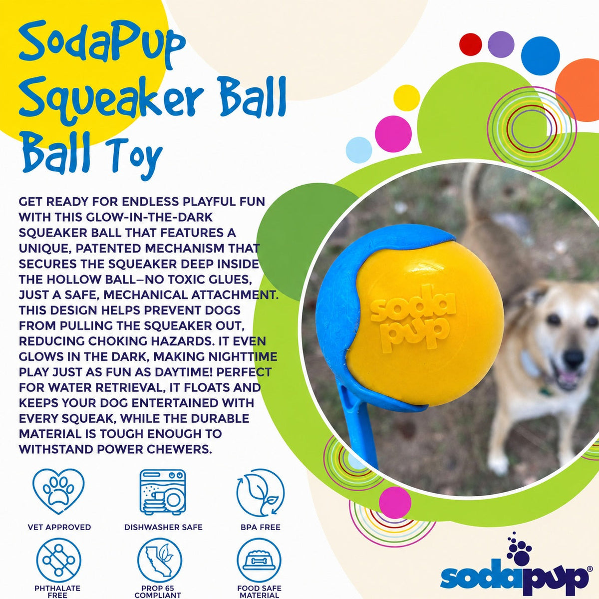 Squeak Ball - Durable Squeaky Dog Toy, Floats, Chew Toy | USA Made - SodaPup/True Dogs, LLC - Flyclothing LLC