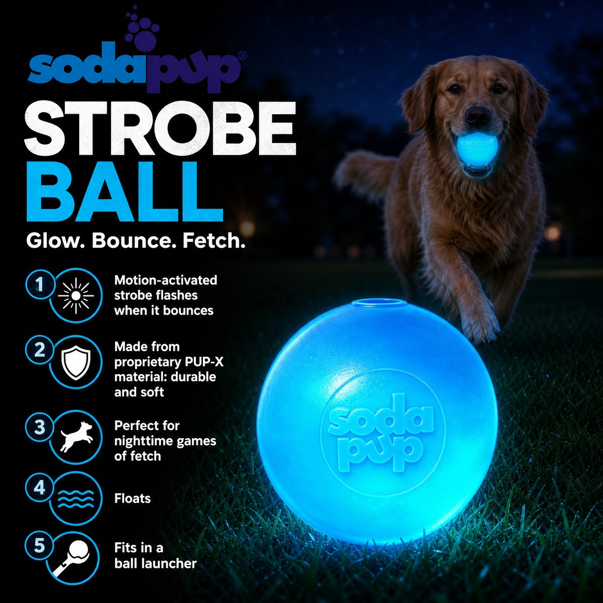 Strobe Ball Light-Up Dog Toy - Durable Floating Chew Ball | Made in USA - SodaPup/True Dogs, LLC - Flyclothing LLC