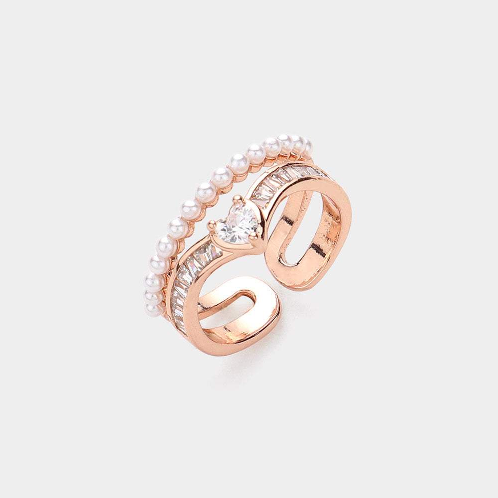 Heart Stone Pointed Pearl Paved Layered Ring - Madeline Love - Flyclothing LLC