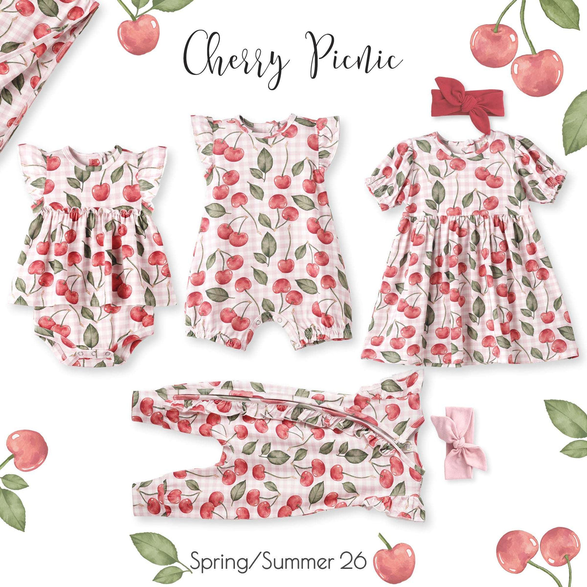Cherry Picnic Baby Girl Romper – Soft Bamboo Zipper - Tesa Babe - Flyclothing LLC