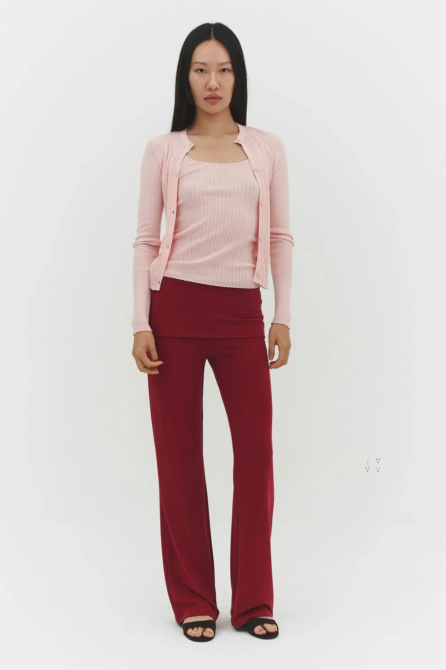 RIBBED KNIT CARDIGAN IN POWDER PINK