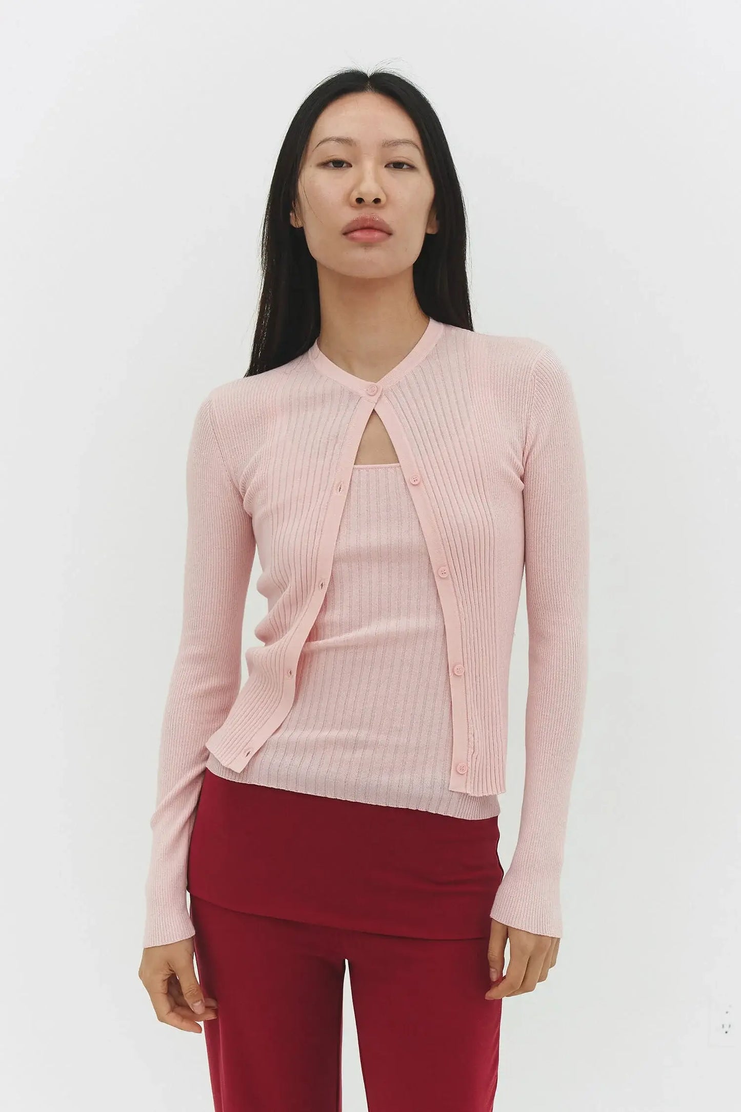 RIBBED KNIT CARDIGAN IN POWDER PINK