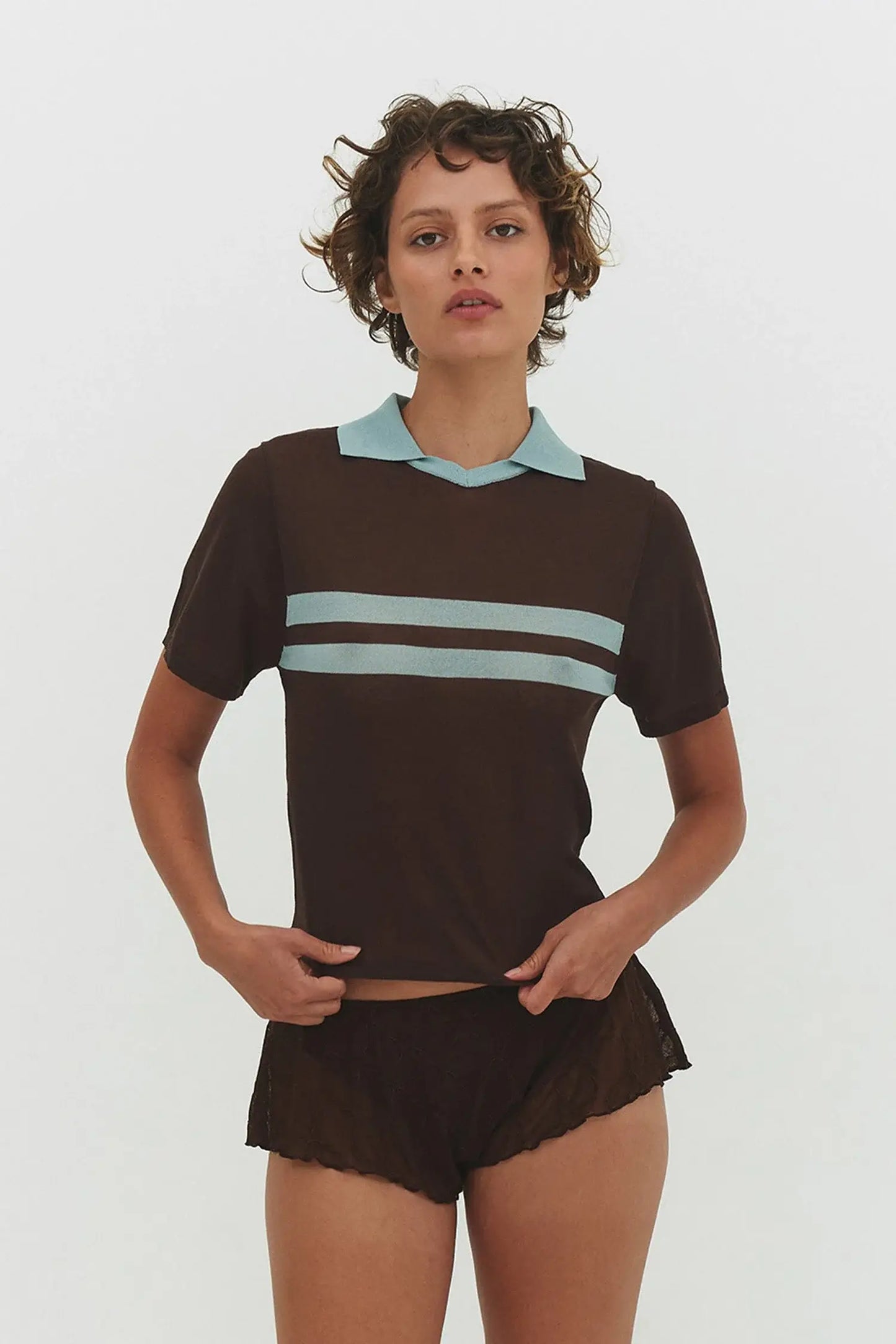 ARACI KNIT POLO TOP IN COCOA CREAM
