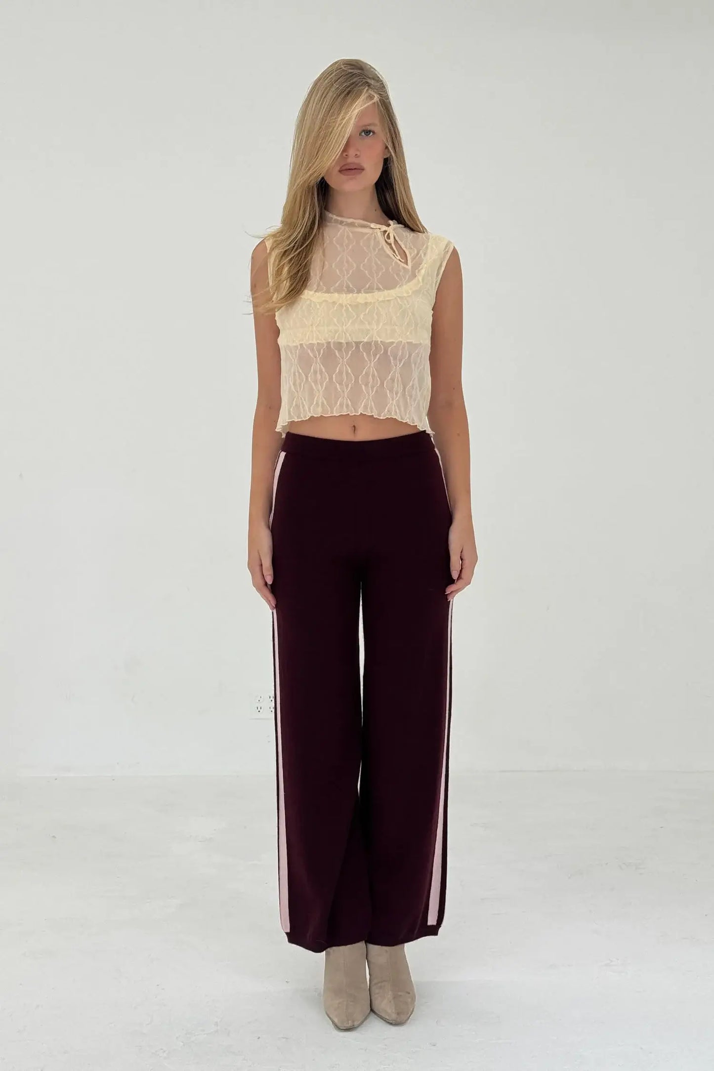CASHMERE WOOL STRIPE WIDE-LEG PANT IN RASPBERRY