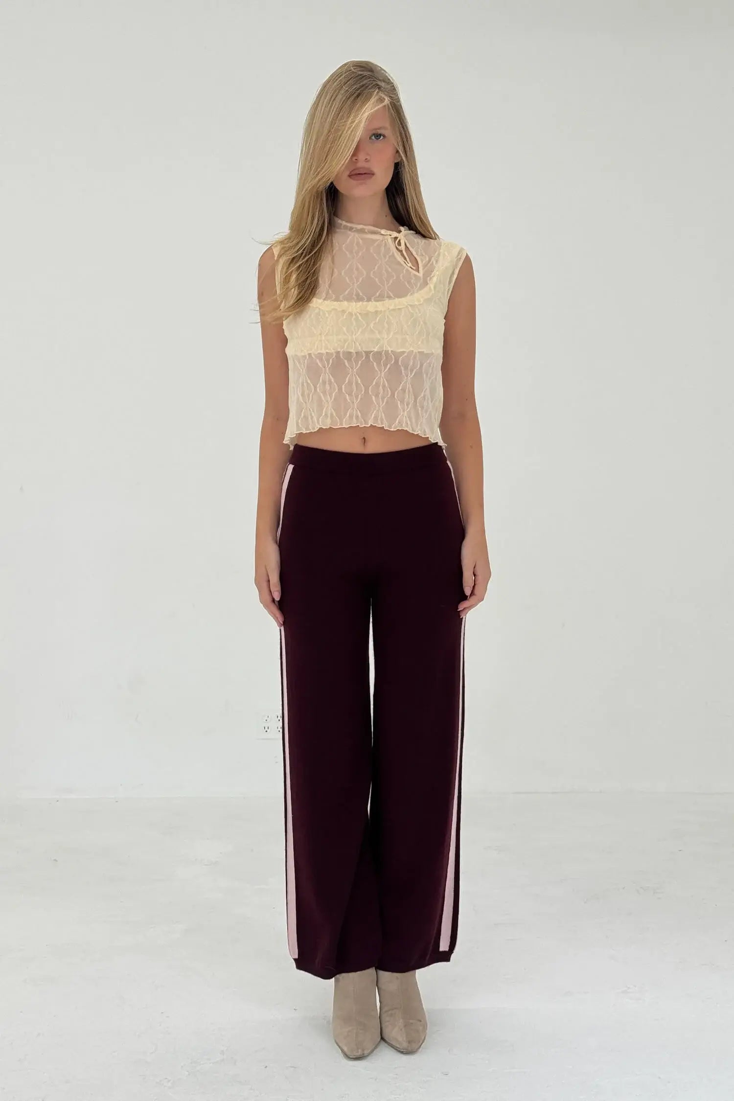 CASHMERE WOOL STRIPE WIDE-LEG PANT IN RASPBERRY