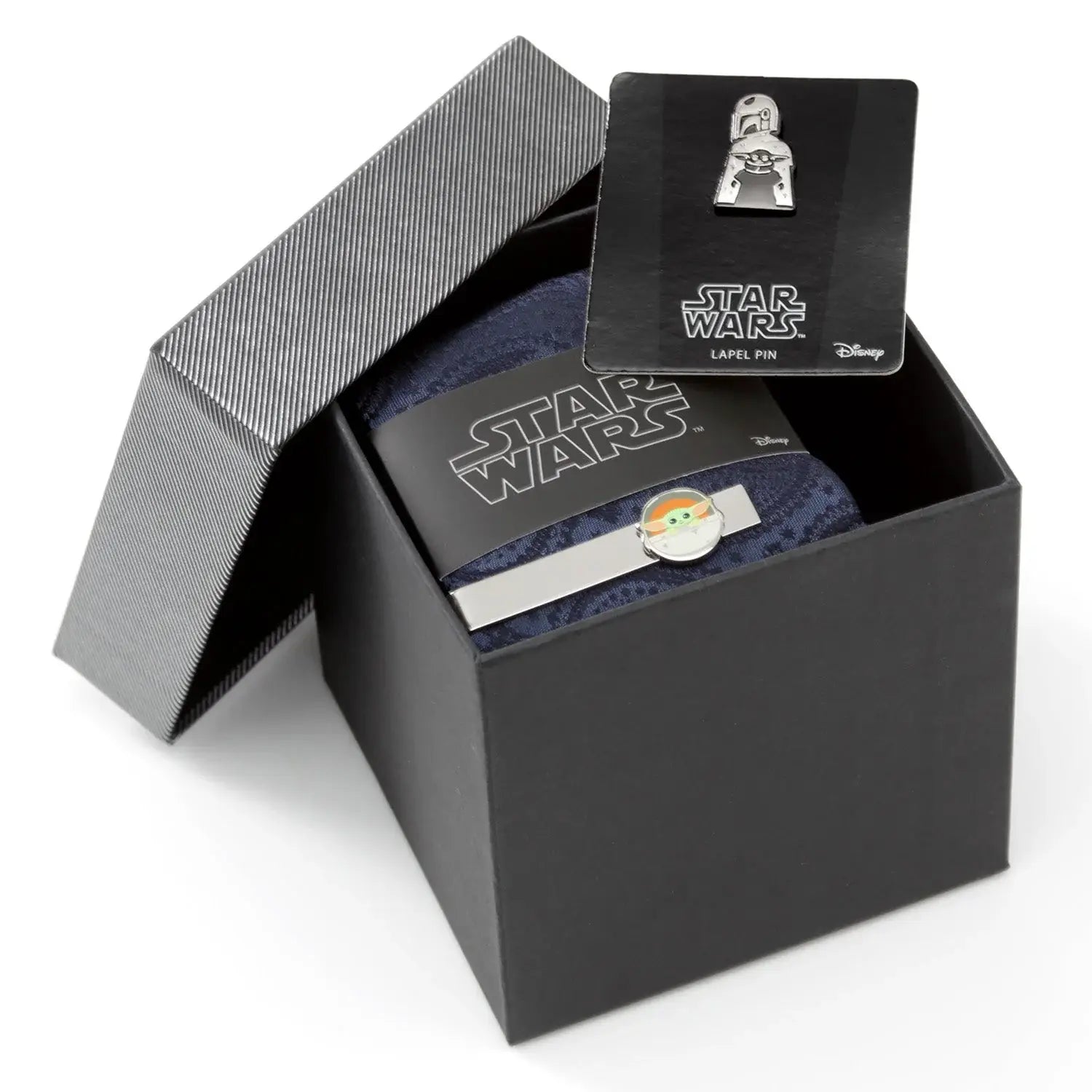 Star Wars Mandalorian and Grogu Navy Paisley Tie, Grogu Tie Bar, and Lapel Pin Gift Set - Cufflinks.com - Flyclothing LLC