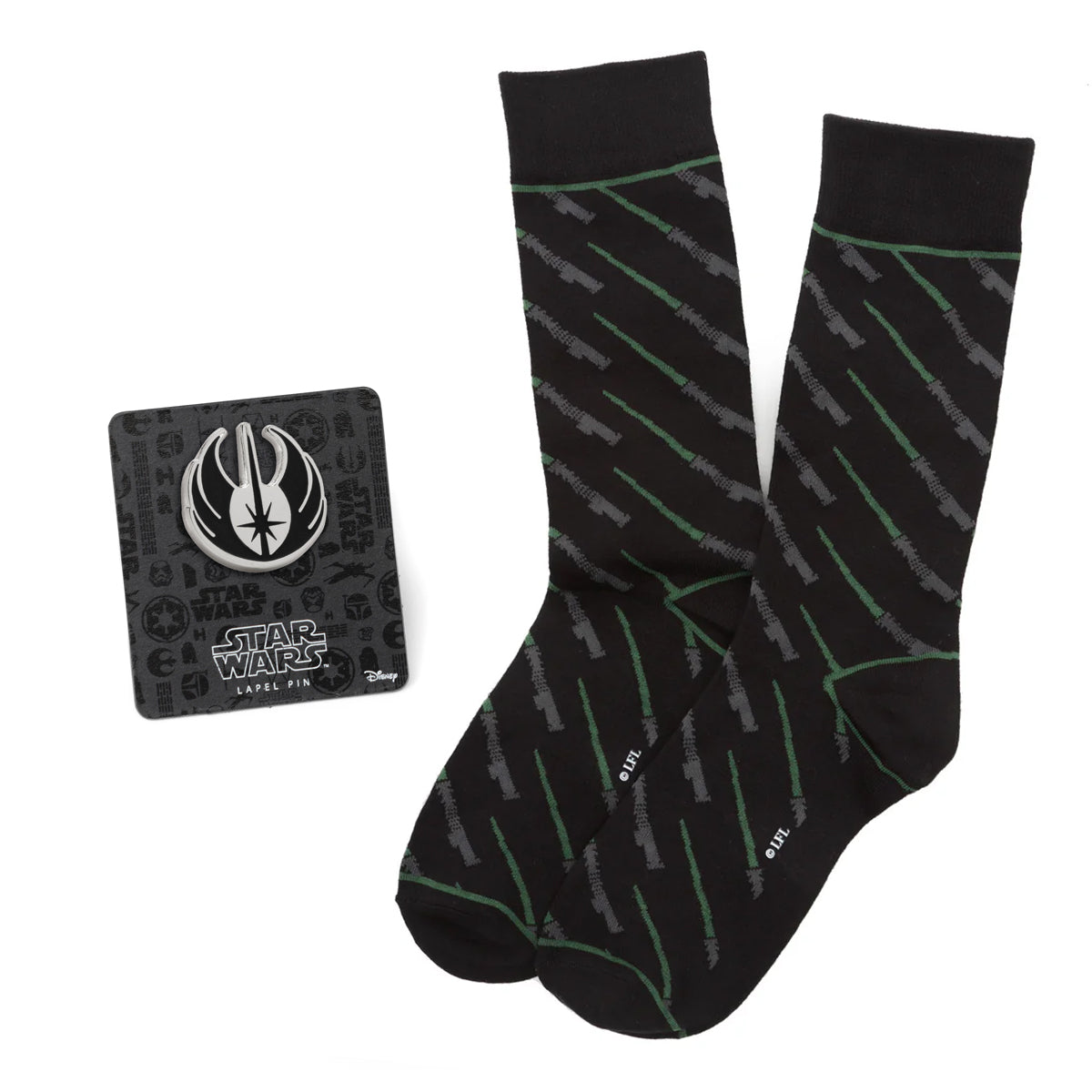 Star Wars Green LIGHTSABER Dress Socks with Jedi Crest Lapel Pin Gift Set