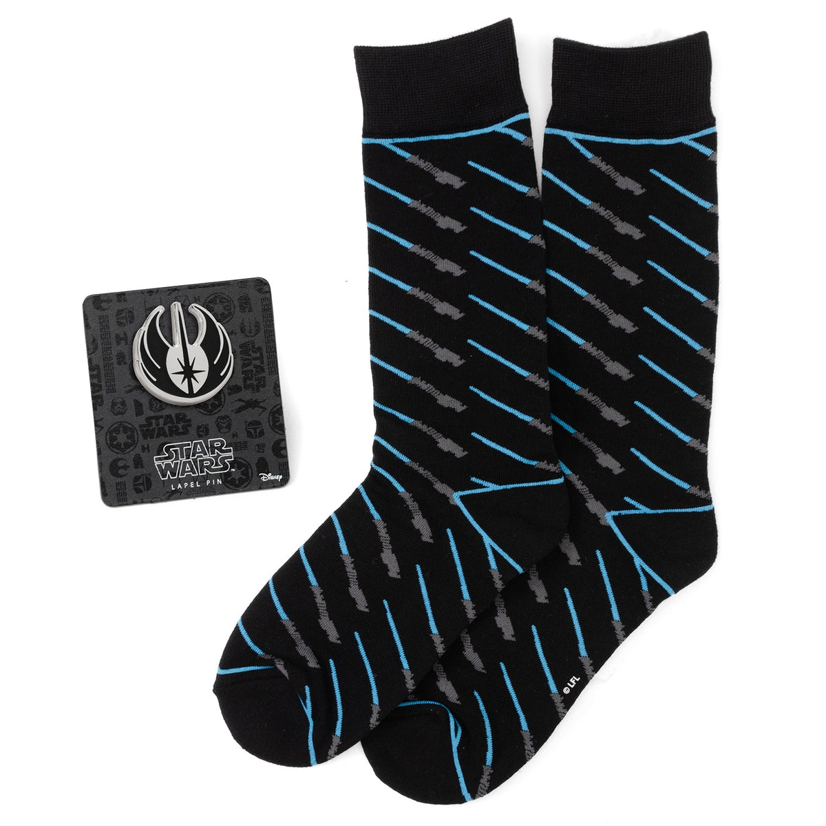 Star Wars Obi-Wan Kenobi Blue LIGHTSABER Pattern Black Dress Socks with Jedi Crest Lapel Pin Gift Set - Cufflinks.com - Flyclothing LLC
